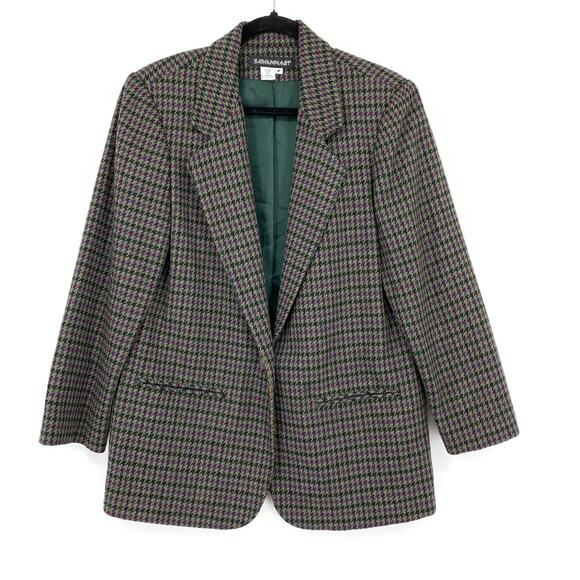 Vintage 90s Savannah Single Button Blazer Jacket Womens Sz 10P Houndstooth Wool - Picture 1 of 6